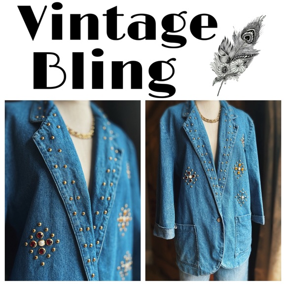 Vintage Studded Denim Blazer Jewel Embellished Western Boho Medium - Picture 2 of 12